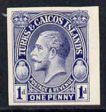 Turks & Caicos Islands 1928 KG5 Postage & Revenue 1d in blue imperf plate proof on thin card, as SG 177
