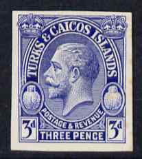 Turks & Caicos Islands 1928 KG5 Postage & Revenue 3d in blue imperf plate proof on thin card, as SG 181