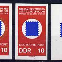 Germany - East 1969 Stamp Exhibition 10pf IMPERF progressive proofs comprising blue only, red & blue plus completed design as issued, a rare group as SG E1199