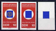 Germany - East 1969 Stamp Exhibition 10pf IMPERF progressive proofs comprising blue only, red & blue plus completed design as issued, a rare group as SG E1199