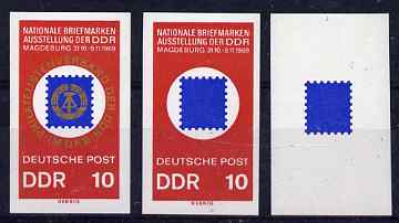 Germany - East 1969 Stamp Exhibition 10pf IMPERF progressive proofs comprising blue only, red & blue plus completed design as issued, a rare group as SG E1199