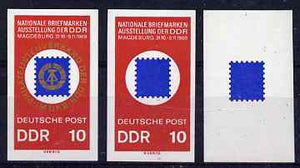 Germany - East 1969 Stamp Exhibition 10pf IMPERF progressive proofs comprising blue only, red & blue plus completed design as issued, a rare group as SG E1199