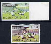 Nigeria 1973 Second All Africa Games 12k imperf marginal proof with red omitted plus perf normal, both unmounted mint, only one sheet believed to exist, as SG 308