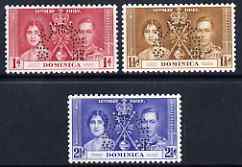 Dominica 1937 KG6 Coronatio set of 3 perforated SPECIMEN (Samuel type Bradbury Wilkinson B9) fine with gum and only 415 sets produced, SG 96-8