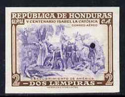 Honduras 1952 Fifth Birth Centenary of Isabella the Catholic 2c imperf colour trial proof in violet & brown with Waterlow security punch hole, as SG 500