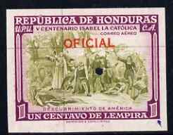 Honduras 1952 Fifth Birth Centenary of Isabella the Catholic Official 1c imperf colour trial proof in near issued colours with Waterlow security punch hole, as SG O507