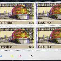 Lesotho 1984 Railways of the World 60s Santa Fe Super Chief with superb shift of red and blue, corner plate block of 4 showing colours & check dots misplaced, unmounted mint (as SG 608)
