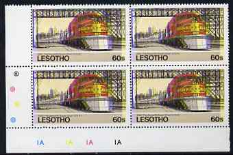 Lesotho 1984 Railways of the World 60s Santa Fe Super Chief with superb shift of red and blue, corner plate block of 4 showing colours & check dots misplaced, unmounted mint (as SG 608)