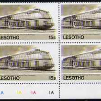 Lesotho 1984 Railways of the World 15s German Class 05 Streamlined loco with superb shift of red and blue, corner plate block of 4 showing colours & check dots misplaced, unmounted mint (as SG 606)