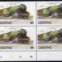 Lesotho 1984 Railways of the World 1m LNER Flying Scotsman with superb shift of red and blue, corner plate block of 4 showing colours & check dots misplaced, unmounted mint (as SG 609)