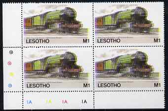 Lesotho 1984 Railways of the World 1m LNER Flying Scotsman with superb shift of red and blue, corner plate block of 4 showing colours & check dots misplaced, unmounted mint (as SG 609)