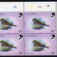 Lesotho 1988 Birds 10s Clapper Lark with superb shift of red and blue resulting in double bird & King Moshoeshoe's portrait misplaced, corner plate block of 4 also showing misplaced plate numbers, unmounted mint as SG 794