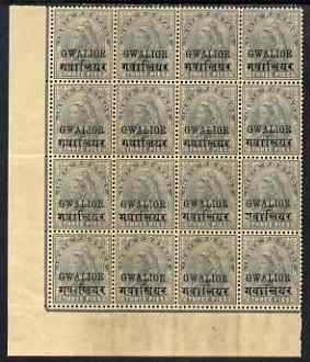 Indian States - Gwalior 1899 QV 3p grey block of 16 incl TALL 2 variety on R20/2, overall toning but unmounted mint and a scarce positional block, SG 39/e cat £365