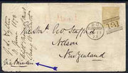 Great Britain 1873 cover to New Zealand bearing QV 9d plate 4 tied by superb Edinburgh 131 cancel, two NZ backstamps, SG98 cat £1,000 on cover