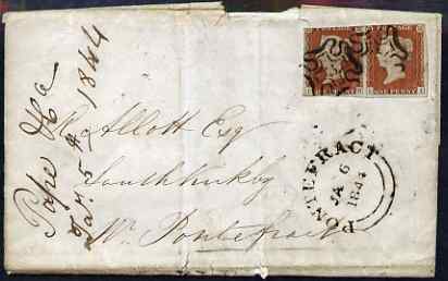 Great Britain 1844 entire to Pontefract bearing pair 1d imperf (LH-LI) with fine Maltese Cross cancels with No.3 within