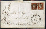 Great Britain 1844 entire to Pontefract bearing pair 1d imperf (LH-LI) with fine Maltese Cross cancels with No.3 within