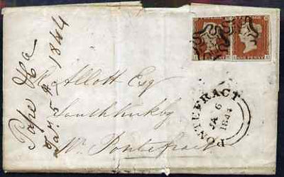 Great Britain 1844 entire to Pontefract bearing pair 1d imperf (LH-LI) with fine Maltese Cross cancels with No.3 within