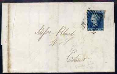 Great Britain 1847 entire Cupar to Edinburgh bearing 2d blue plate 3 4-margin with superb Cubar - Fife,town stamp on back in YELLOW