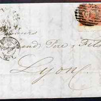 Great Britain 1866 entire to Lyon, France bearing pair 4d vermilion plate 8 well tied, neat and clean
