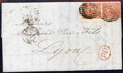 Great Britain 1866 entire to Lyon, France bearing pair 4d vermilion plate 8 well tied, neat and clean