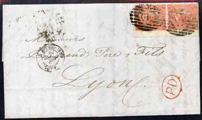 Great Britain 1866 entire to Lyon, France bearing pair 4d vermilion plate 8 well tied, neat and clean