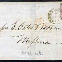 Great Britain 1865 wrapper to Messina, Italy bearing 6d lilac plate 4 (with hair lines) well tied by Newcastle on Tyne cds, fine, cat £275 in cover