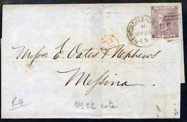 Great Britain 1865 wrapper to Messina, Italy bearing 6d lilac plate 4 (with hair lines) well tied by Newcastle on Tyne cds, fine, cat £275 in cover