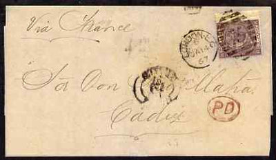 Great Britain 1867 entire to Cadiz bearing 6d plate 5, SG97