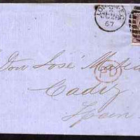 Great Britain 1867 entire to Cadiz bearing 6d plate 6, SG97