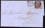 Great Britain 1867 entire to Cadiz bearing 6d plate 6, SG97