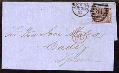 Great Britain 1867 entire to Cadiz bearing 6d plate 6, SG97