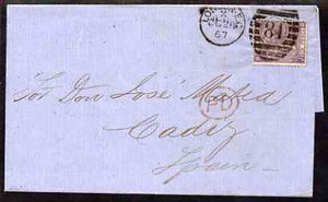Great Britain 1867 entire to Cadiz bearing 6d plate 6, SG97
