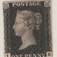 Great Britain 1840 1d black plate 5 lettered IK cut into at lower left corner and is thinned complete with Sismondo certificate stating it to be genuine and unused which Gibbons currently price at £12,500