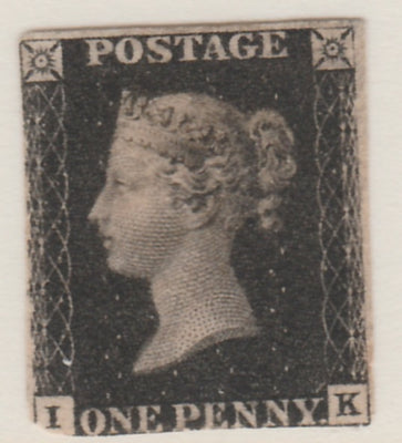 Great Britain 1840 1d black plate 5 lettered IK cut into at lower left corner and is thinned complete with Sismondo certificate stating it to be genuine and unused which Gibbons currently price at £12,500