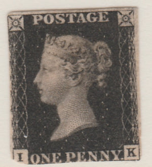 Great Britain 1840 1d black plate 5 lettered IK cut into at lower left corner and is thinned complete with Sismondo certificate stating it to be genuine and unused which Gibbons currently price at £12,500