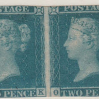 Great Britain 1841 QV 2d blue horiz pair OK-OL slightly cut top & bottom margins but fresh and good looking showing fine Ivory Head on reverse, SG14 cat £6,250 as,singles
