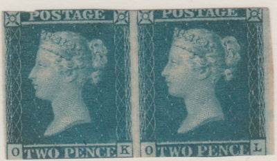 Great Britain 1841 QV 2d blue horiz pair OK-OL slightly cut top & bottom margins but fresh and good looking showing fine Ivory Head on reverse, SG14 cat £6,250 as,singles