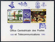 Central African Republic 1980 opt on 1970 'Knokphila 70' Stamp Exhibition 100f triptych deluxe proof card in full issued colours (as SG 223-4) opt'd in blue inverted showing Scout & Malaria logos, Concorde, Baden Powell, Churchill & Pope