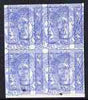 Spain 1870 Marshal Serrano 50m blue imperforate proof block of 4 with design doubly printed, on ungummed paper, as SG177 (small natural paper flaws appear as ink blots at bottom)