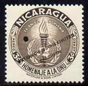 Nicaragua 1954 United Nations Organisation 3c Air perf printer's sample in unissued colour (brown instead of magenta) with security punch hole and overprinted Waterlow & Sons Limited, Specimen, unmounted mint as SG 1202