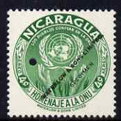 Nicaragua 1954 United Nations Organisation 4c Air perf printer's sample in unissued colour (green instead of red-orange) with security punch hole and overprinted Waterlow & Sons Limited, Specimen, unmounted mint as SG 1203