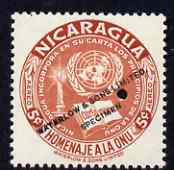 Nicaragua 1954 United Nations Organisation 5c Air perf printer's sample in unissued colour (orange-brown instead of scarlet) with security punch hole and overprinted Waterlow & Sons Limited, Specimen, unmounted mint as SG 1204