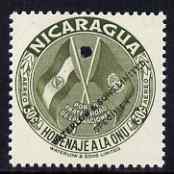 Nicaragua 1954 United Nations Organisation 30c Air perf printer's sample in unissued colour (olive instead of carmine) with security punch hole and overprinted Waterlow & Sons Limited, Specimen, unmounted mint as SG 1205