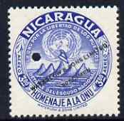 Nicaragua 1954 United Nations Organisation 3cor Air perf printer's sample in unissued colour (blue instead of chestnut) with security punch hole and overprinted Waterlow & Sons Limited, Specimen, unmounted mint as SG 1207