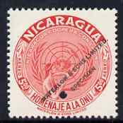 Nicaragua 1954 United Nations Organisation 5cor Air perf printer's sample in unissued colour (red instead of deep purple) with security punch hole and overprinted Waterlow & Sons Limited, Specimen, unmounted mint as SG 1208