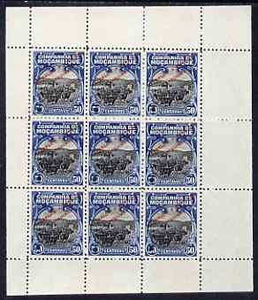 Mozambique Company 1918-24 Cattle Breeding 50c perf 12.5 printer's sample in black & blue (instead of black & orange) in complete sheetlet of 9 (from specially made plates) each with security punch hole and overprinted Waterlow & ……Details Below