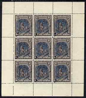 Mozambique Company 1918-24 Rubber 1.5c perf 12.5 printer's sample in blue & purple-brown (instead of green & black) in complete sheetlet of 9 (from specially made plates) each with security punch hole and overprinted Waterlow & So……Details Below