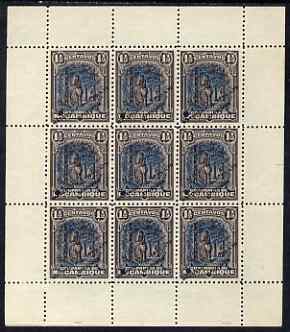 Mozambique Company 1918-24 Rubber 1.5c perf 12.5 printer's sample in blue & purple-brown (instead of green & black) in complete sheetlet of 9 (from specially made plates) each with security punch hole and overprinted Waterlow & So……Details Below
