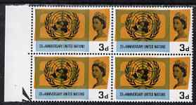 Great Britain 1965 United Nations 3d two matched blocks of 4 showing fine shades of blue, unmounted mint