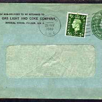 Great Britain 1940 1/2d KG6 printed window envelope uprated to 1d from Gas Light & Coke Company